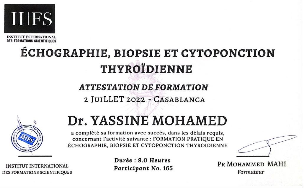 Attestation de formation en échographie, biopsie et cytoponction thyroïdienne - Dr YASSINE Mohamed à Al Hoceima