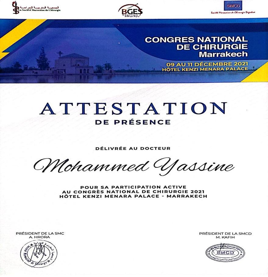 Attestation de participation au Congrès National de Chirurgie à Marrakech par le Dr YASSINE Mohamed de Al Hoceima
