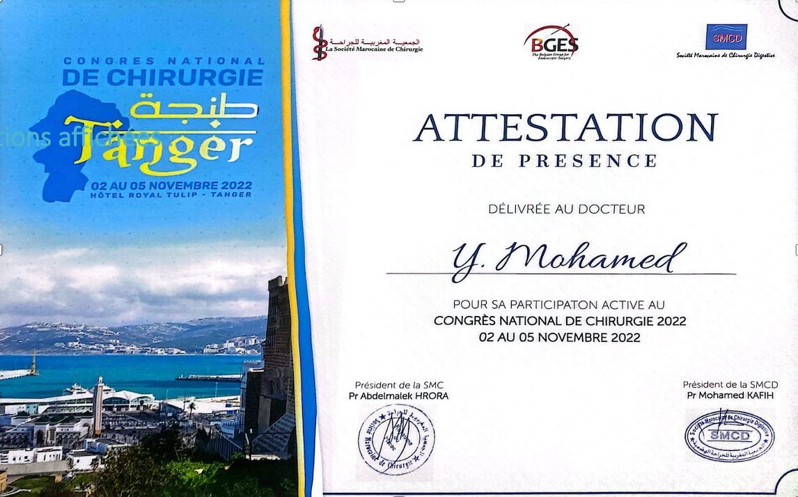 Attestation de participation au Congrès National de Chirurgie à Tanger par le Dr YASSINE Mohamed chirurgien à Al Hoceima