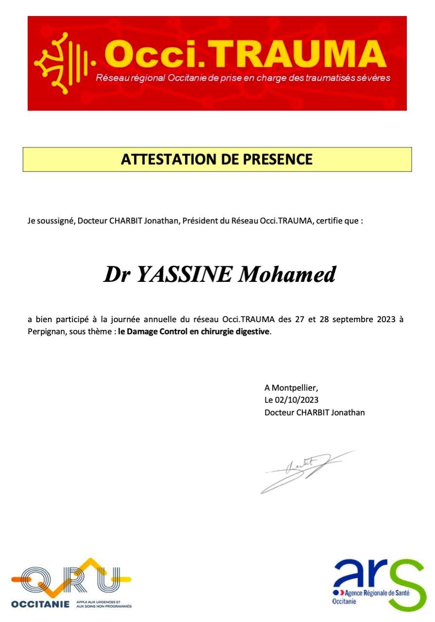 Formation en Damage Control en chirurgie digestive par le Dr YASSINE Mohamed à Al Hoceima - Attestation Occi.TRAUMA Perpignan