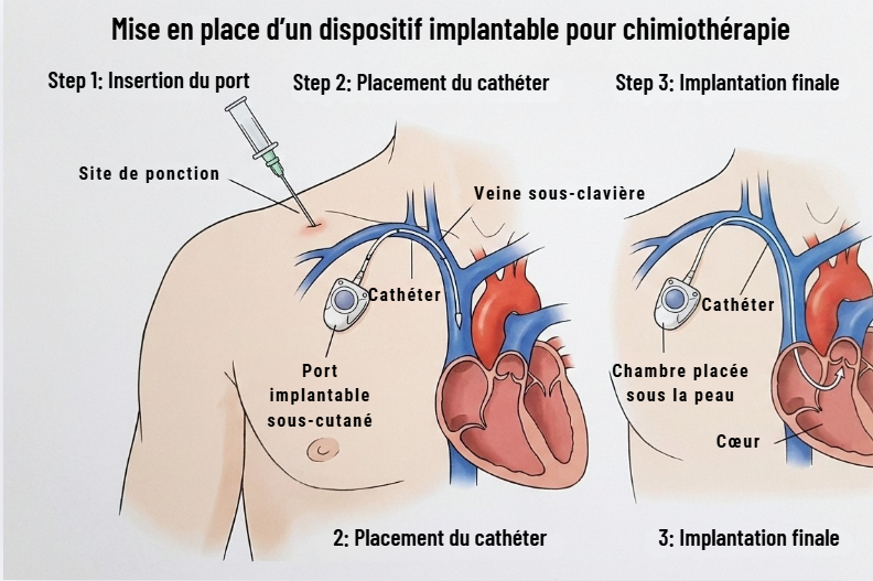 Mise en place de chambre implantable (PAC) pour chimiothérapie par le Dr YASSINE Mohamed à Tanger et Al Hoceima - Schéma des étapes chirurgicales Mise en place de chambre implantable (PAC) pour chimiothérapie par le Dr YASSINE Mohamed à Tanger et Al Hoceima - Schéma des étapes chirurgicales