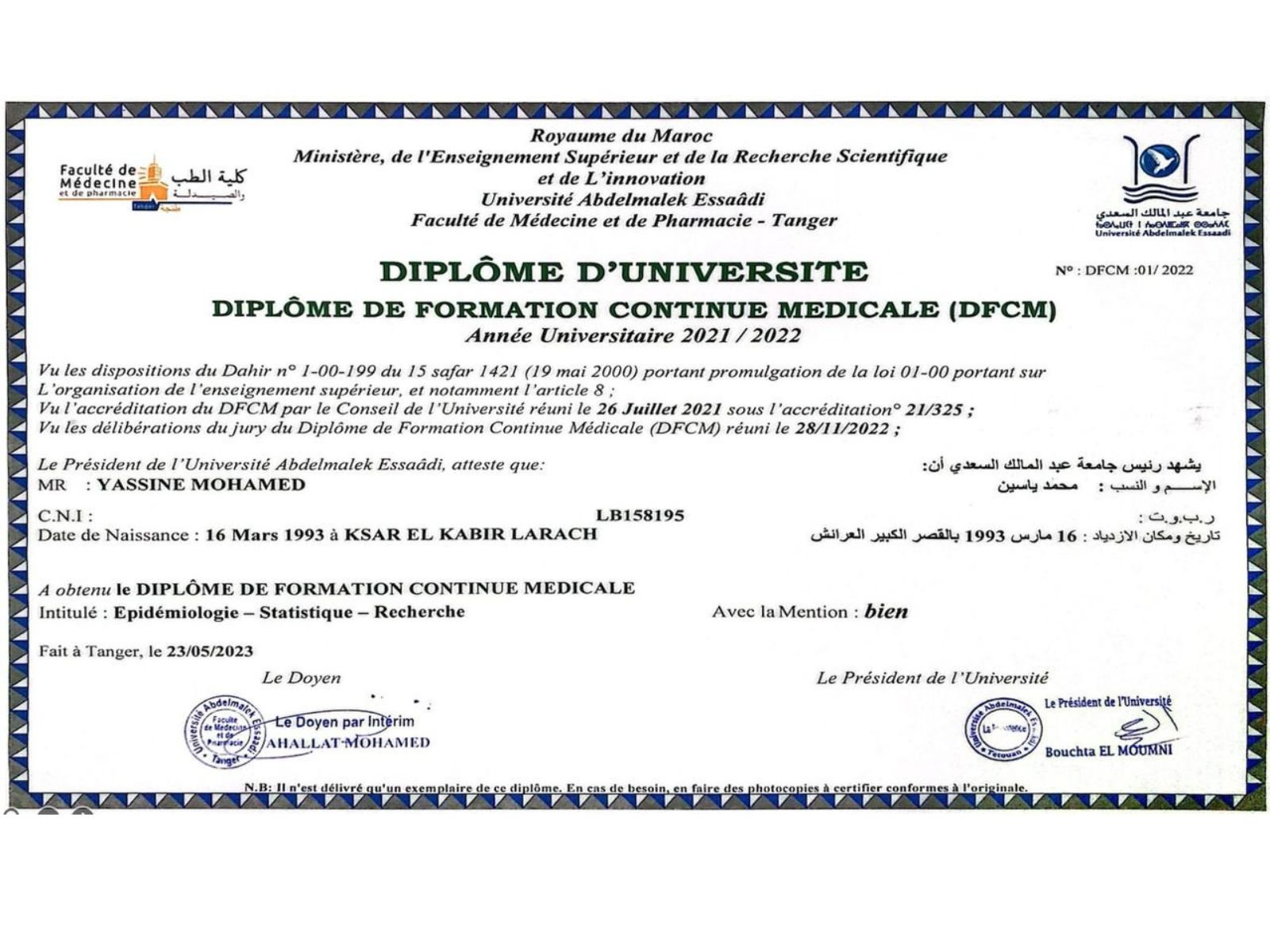Diplôme de formation continue en épidémiologie et recherche - Dr Yassine Mohamed - Université Abdelmalek Essaâdi Tanger.